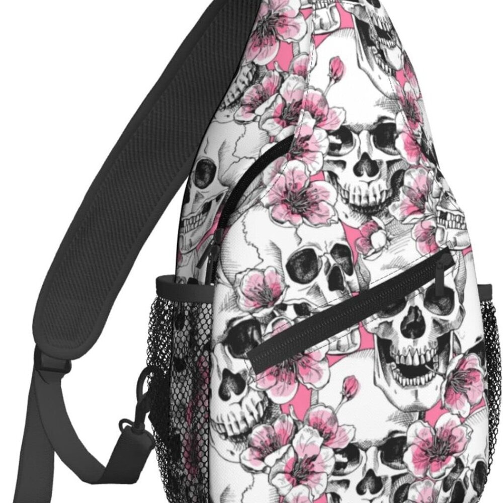 Sugar Skull Skeleton Flower Pink Sling Backpack Chest Bag Crossbody Shoulder Bag